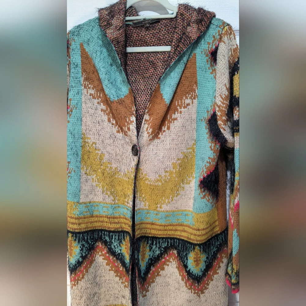 Maxsport Hooded Long Eyelash Tribal Aztec Duster Women’s Cardigan Sweater - Picture 6 of 7